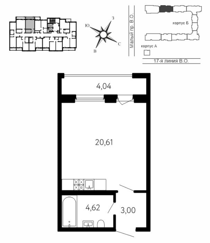 Квартира-студия, 29.44 м² в ЖК "17-я линия" - планировка, фото №1