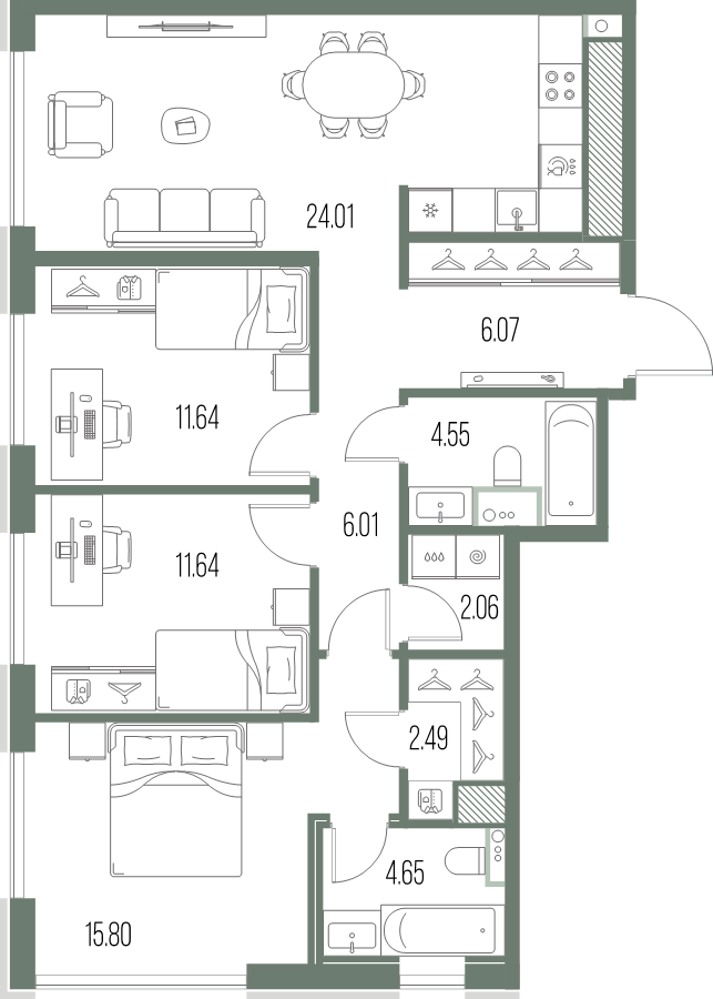 4-комнатная (Евро) квартира, 88.92 м² в ЖК "Легенда у моря" - планировка, фото №1
