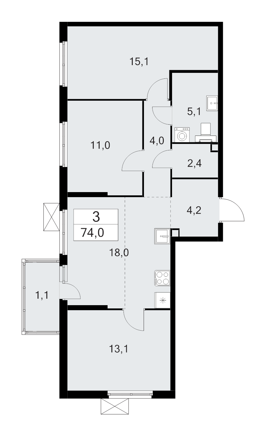 4-комнатная (Евро) квартира, 74 м² - планировка, фото №1