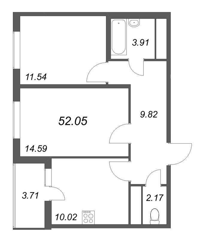 2-комнатная квартира, 52.05 м² - планировка, фото №1