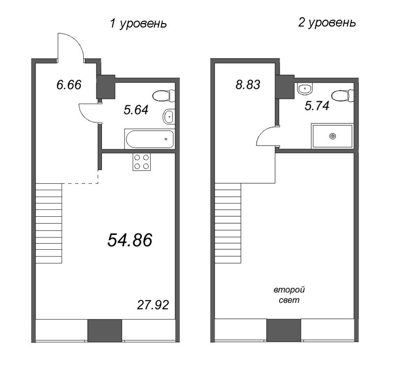 2-комнатная (Евро) квартира, 54.86 м² в ЖК "Avant" - планировка, фото №1