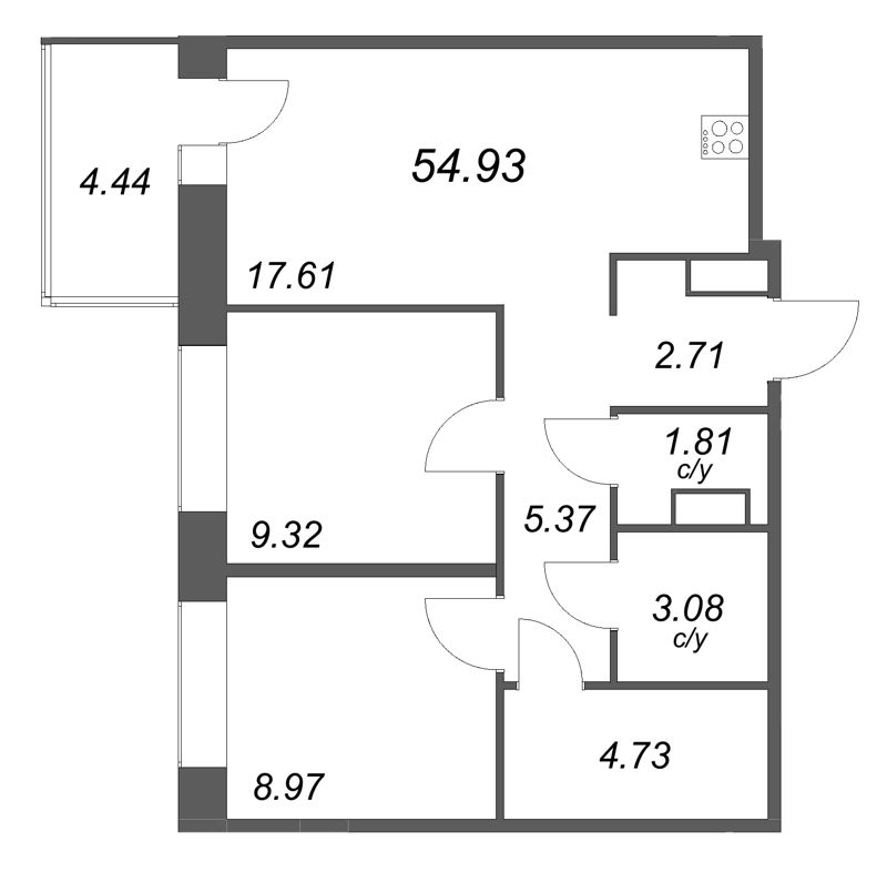2-комнатная квартира, 54.93 м² в ЖК "Уютный" - планировка, фото №1