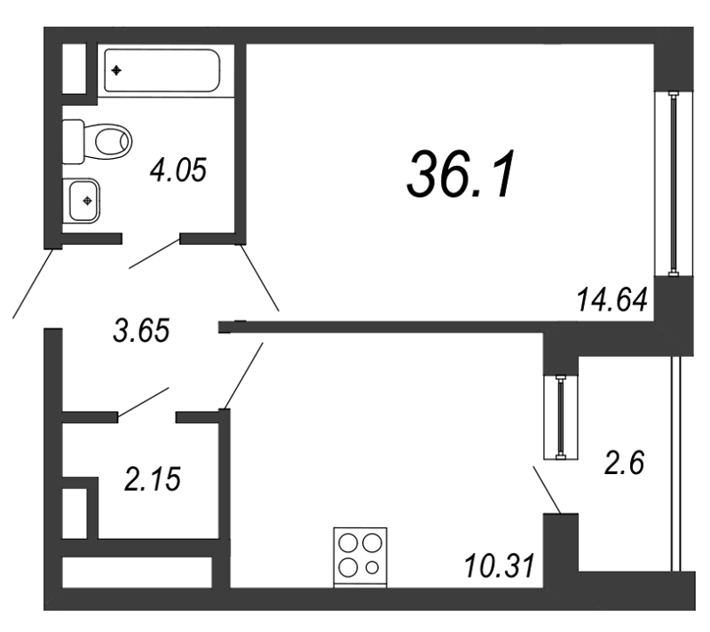 1-комнатная квартира, 36.3 м² в ЖК "NEW TIME" - планировка, фото №1