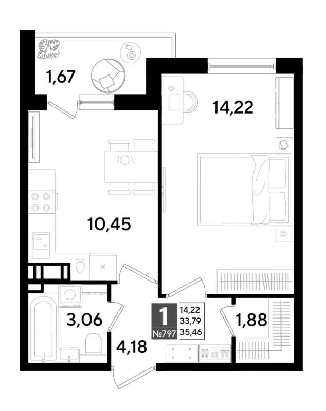 1-комнатная квартира, 35.35 м² в ЖК "Догма Юкки" - планировка, фото №1