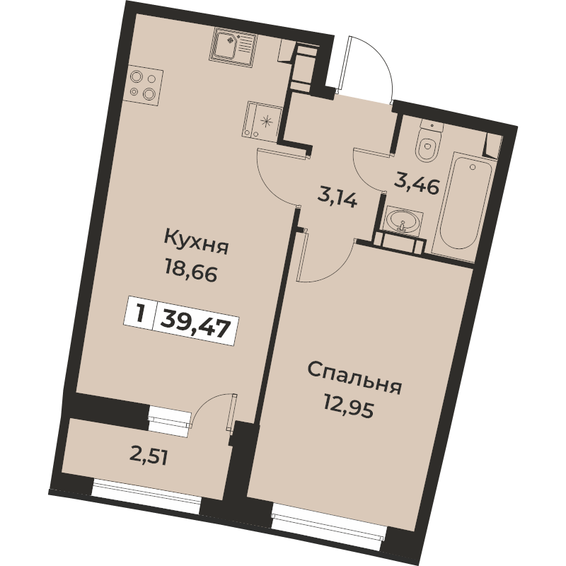 1-комнатная квартира, 39.47 м² в ЖК "Авиатор" - планировка, фото №1