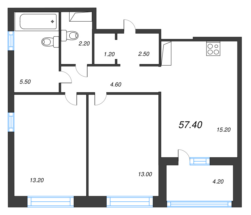 3-комнатная (Евро) квартира, 57.4 м² в ЖК "Литера" - планировка, фото №1