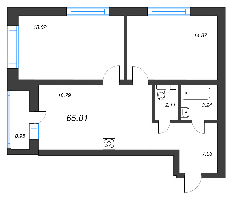 2-комнатная квартира, 65.01 м² - планировка, фото №1