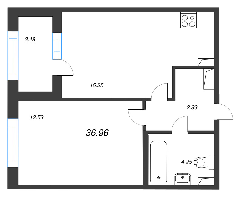 2-комнатная (Евро) квартира, 36.96 м² в ЖК "Дубровский" - планировка, фото №1