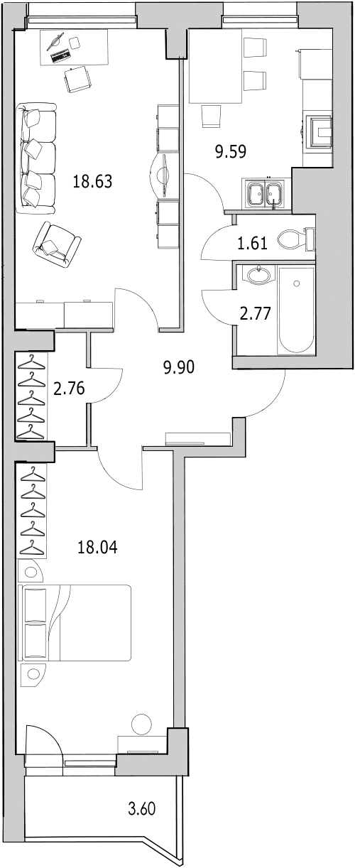 2-комнатная квартира, 63.8 м² в ЖК "Байрон" - планировка, фото №1