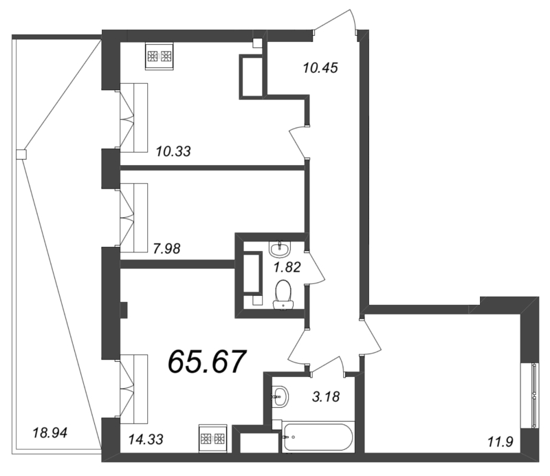 3-комнатная квартира, 65.67 м² - планировка, фото №1