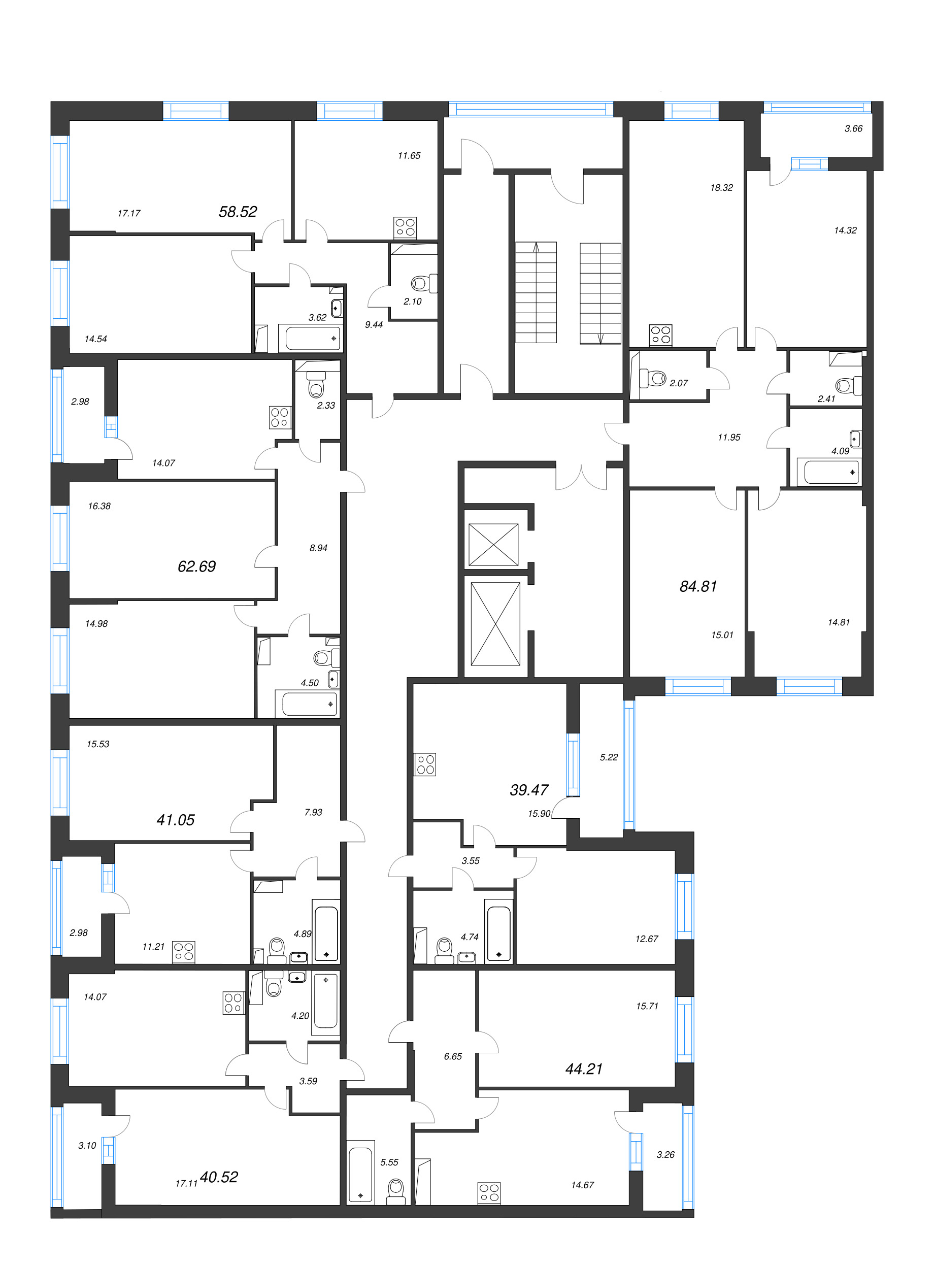 2-комнатная (Евро) квартира, 39.47 м² - планировка этажа