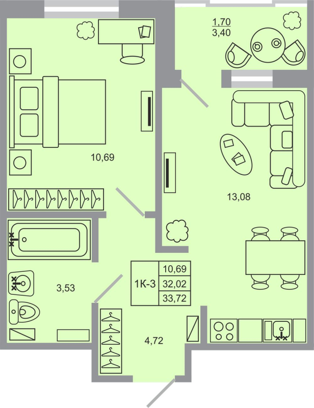1-комнатная квартира, 33.72 м² в ЖК "Стороны света-2" - планировка, фото №1
