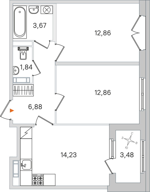 2-комнатная квартира, 52.34 м² в ЖК "Дубровский" - планировка, фото №1