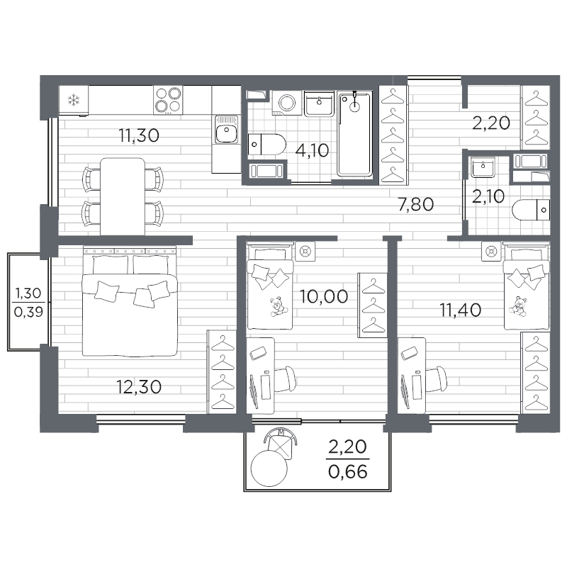 3-комнатная квартира, 62.25 м² в ЖК "Плюс Пулковский" - планировка, фото №1