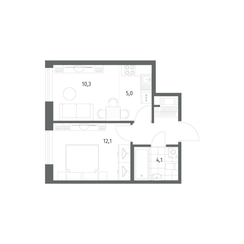 2-комнатная (Евро) квартира, 35.4 м² в ЖК "Парусная 1" - планировка, фото №1
