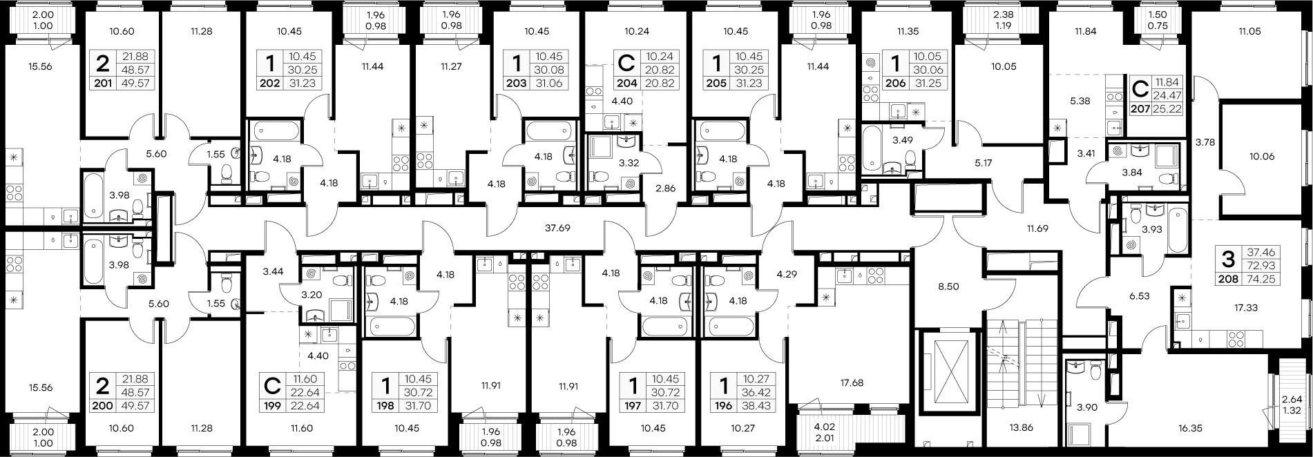 3-комнатная (Евро) квартира, 49.57 м² - планировка этажа