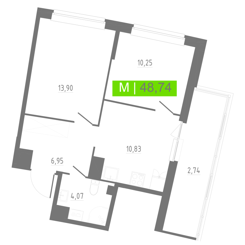 2-комнатная квартира, 48.74 м² в ЖК "Аквилон РИВА" - планировка, фото №1