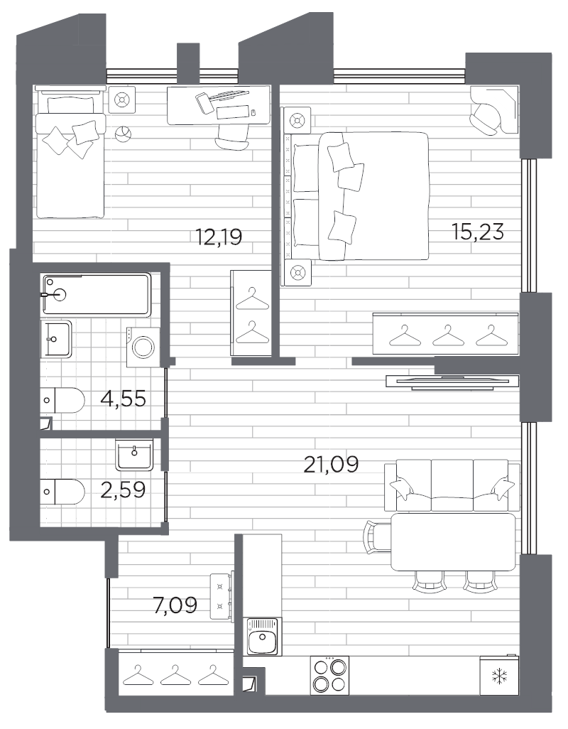 3-комнатная (Евро) квартира, 62.74 м² в ЖК "Галерная гавань" - планировка, фото №1