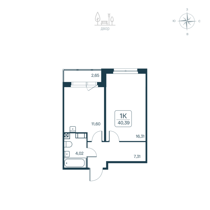 1-комнатная квартира, 40.39 м² - планировка, фото №1