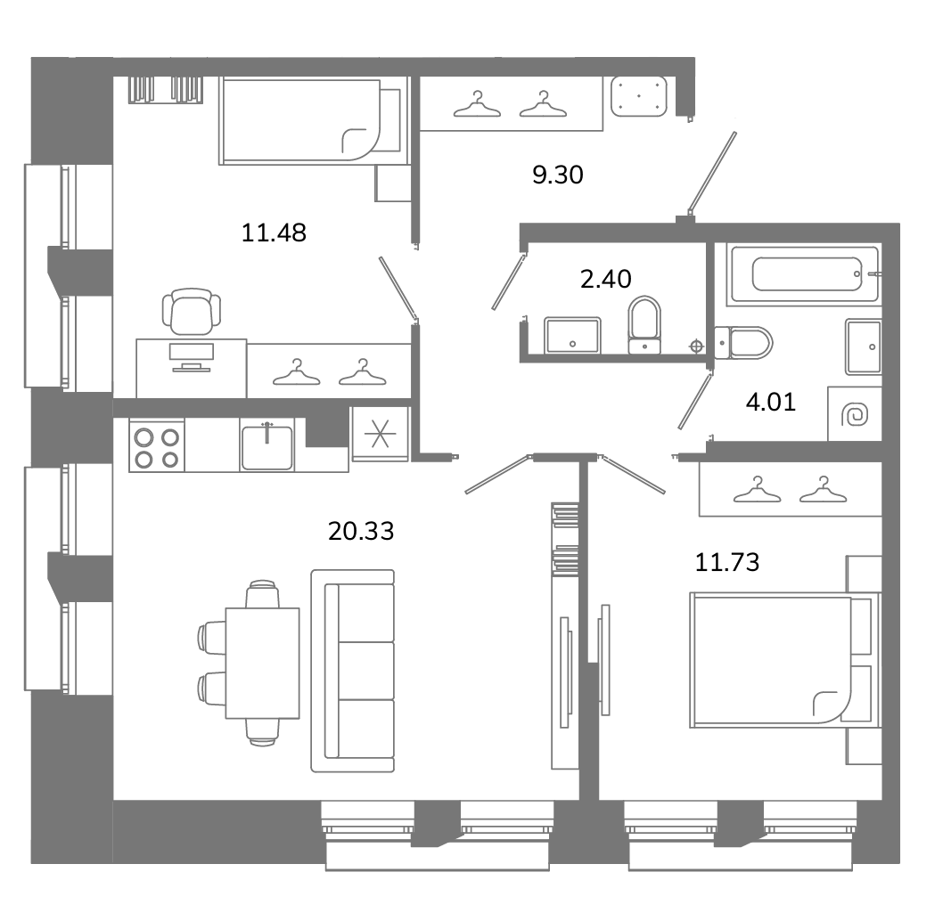 3-комнатная (Евро) квартира, 59.25 м² в ЖК "Твой космос" - планировка, фото №1