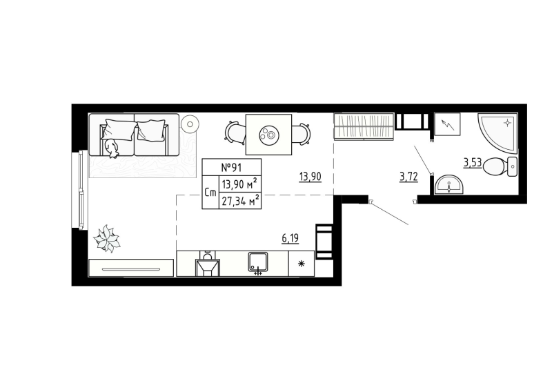 Квартира-студия, 27.34 м² в ЖК "Аннино Сити" - планировка, фото №1