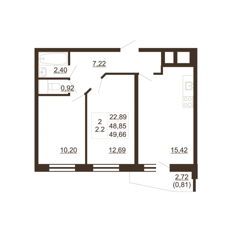 3-комнатная (Евро) квартира, 49.66 м² в ЖК "Тандем" - планировка, фото №1