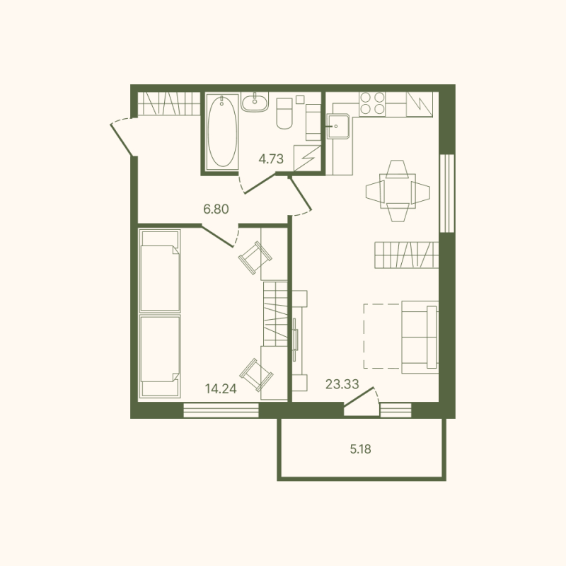 2-комнатная (Евро) квартира, 50.61 м² в ЖК "Рауни" - планировка, фото №1