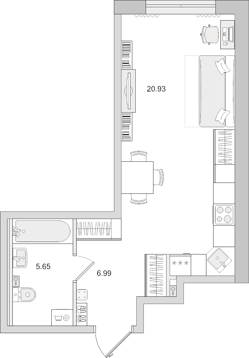 Квартира-студия, 33.57 м² - планировка, фото №1