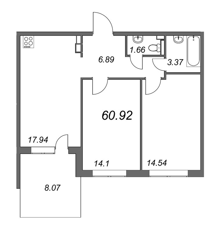 2-комнатная квартира, 61.3 м² - планировка, фото №1