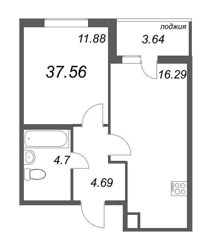 1-комнатная квартира, 37.56 м² - планировка, фото №1
