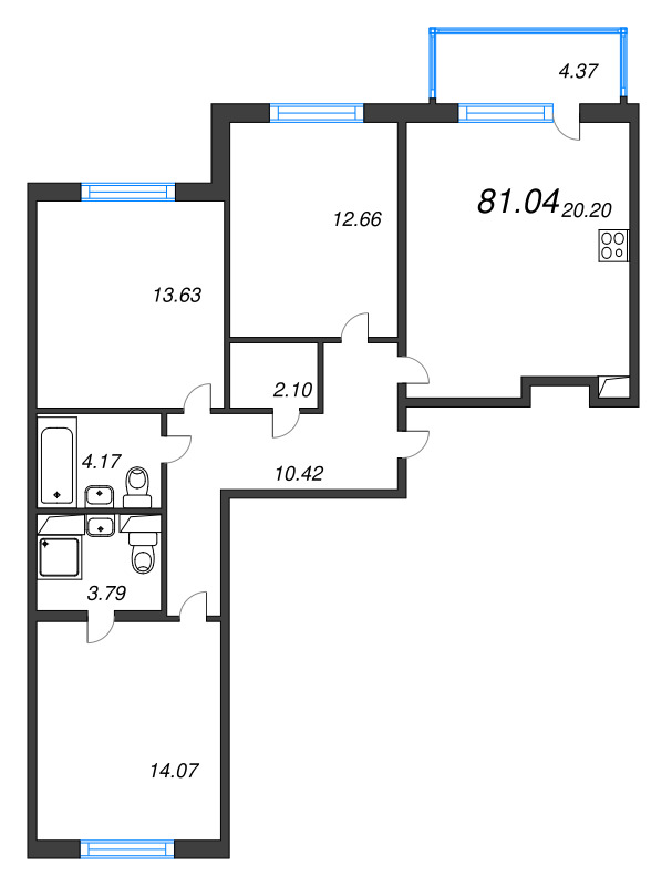 4-комнатная (Евро) квартира, 81.04 м² в ЖК "ЮгТаун" - планировка, фото №1