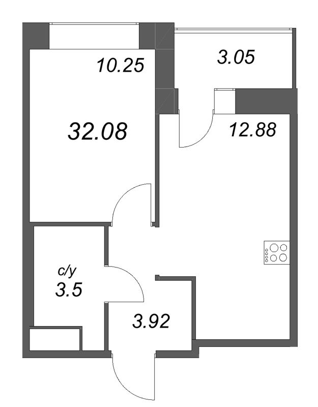 1-комнатная квартира, 32.08 м² в ЖК "Уютный" - планировка, фото №1