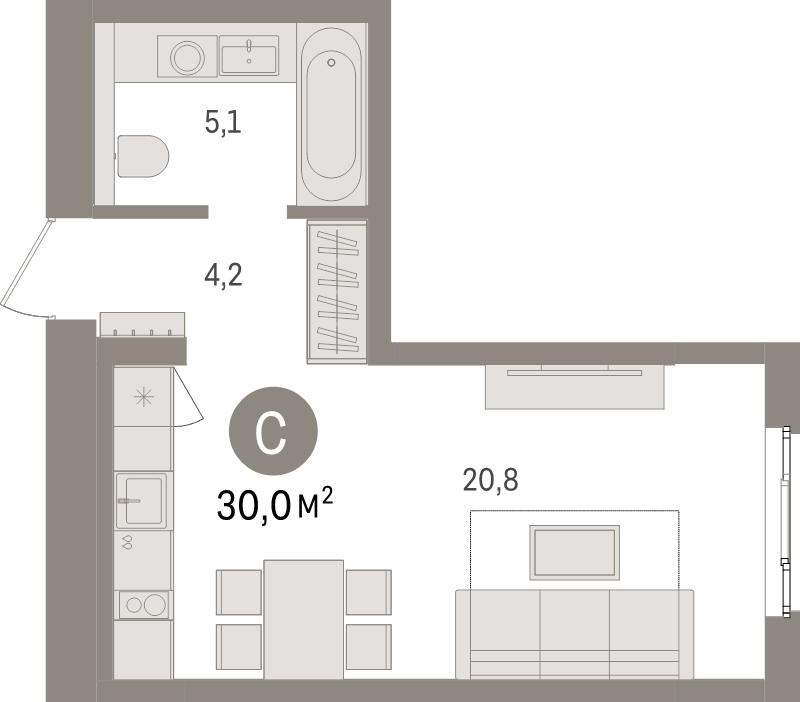 Квартира-студия, 30 м² в ЖК "Брусника в Новоселье" - планировка, фото №1