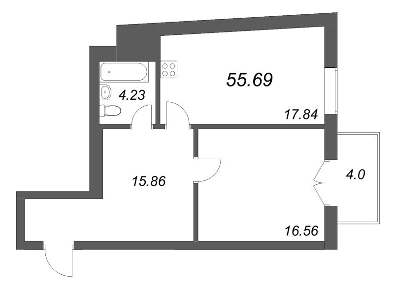 2-комнатная (Евро) квартира, 55.69 м² в ЖК "Фонтанка 130" - планировка, фото №1