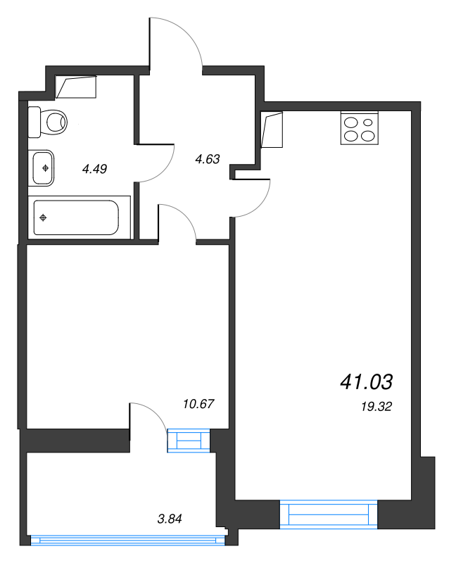 2-комнатная (Евро) квартира, 41.03 м² - планировка, фото №1