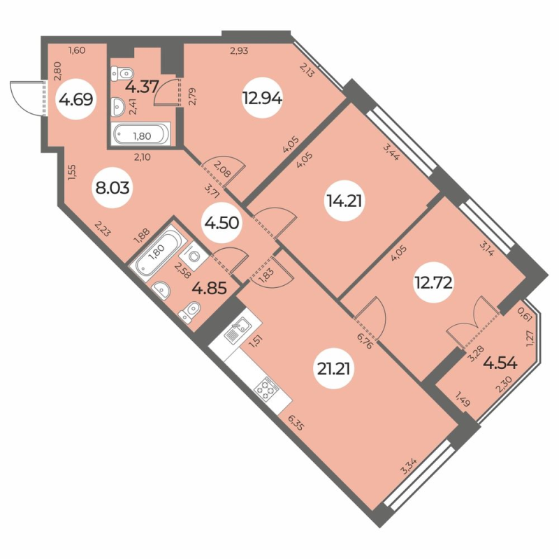 4-комнатная (Евро) квартира, 89.79 м² в ЖК "Огни Залива" - планировка, фото №1
