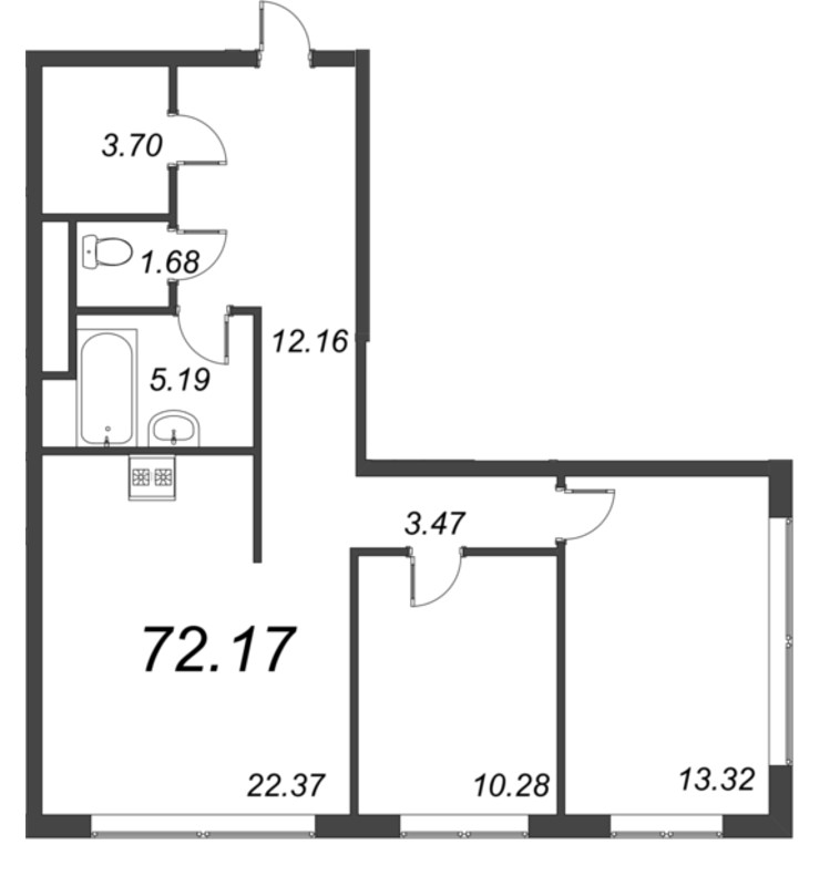 3-комнатная (Евро) квартира, 75.8 м² - планировка, фото №1