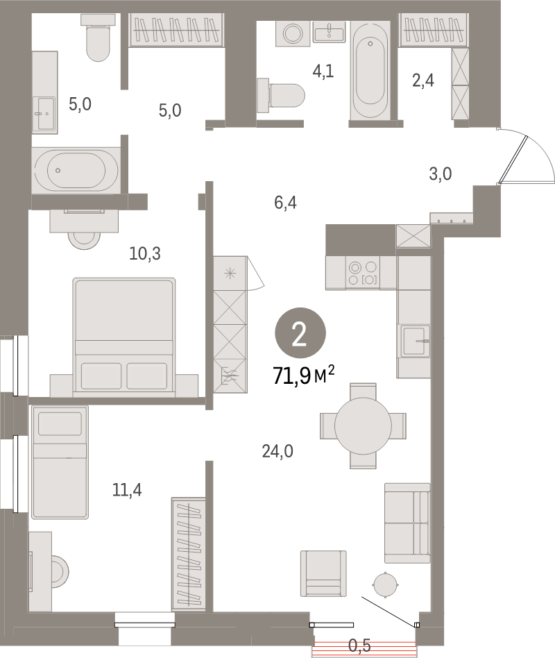 3-комнатная (Евро) квартира, 71.9 м² в ЖК "Северный ветер" - планировка, фото №1