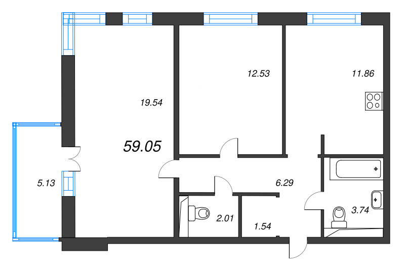 2-комнатная квартира, 59.05 м² в ЖК "Арт Парк" - планировка, фото №1