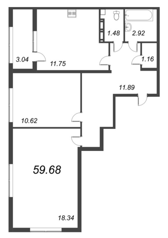 2-комнатная квартира, 59.68 м² - планировка, фото №1