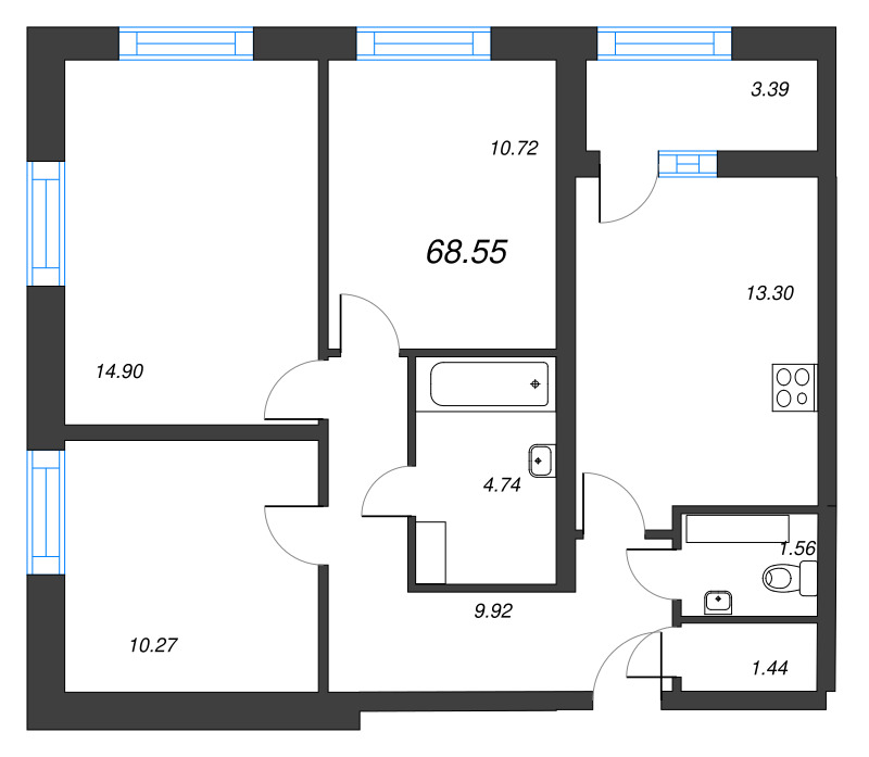 3-комнатная квартира, 68.55 м² - планировка, фото №1