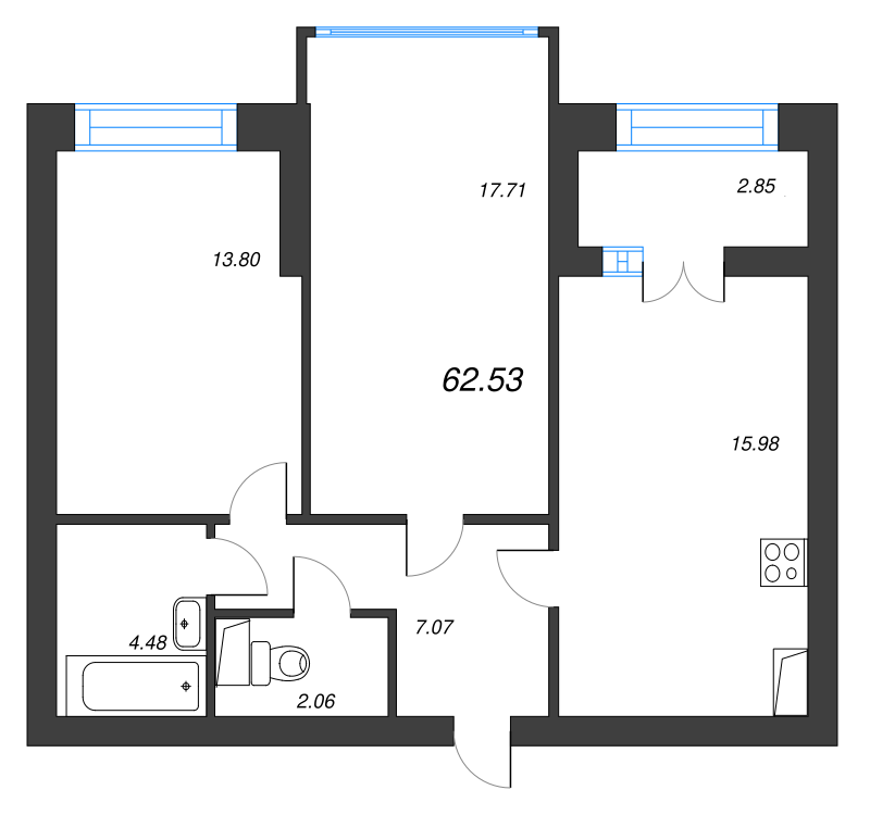 3-комнатная (Евро) квартира, 66.6 м² в ЖК "Наука" - планировка, фото №1