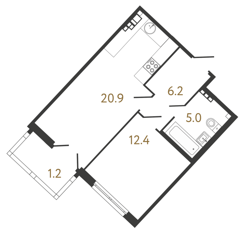 2-комнатная (Евро) квартира, 44.5 м² - планировка, фото №1
