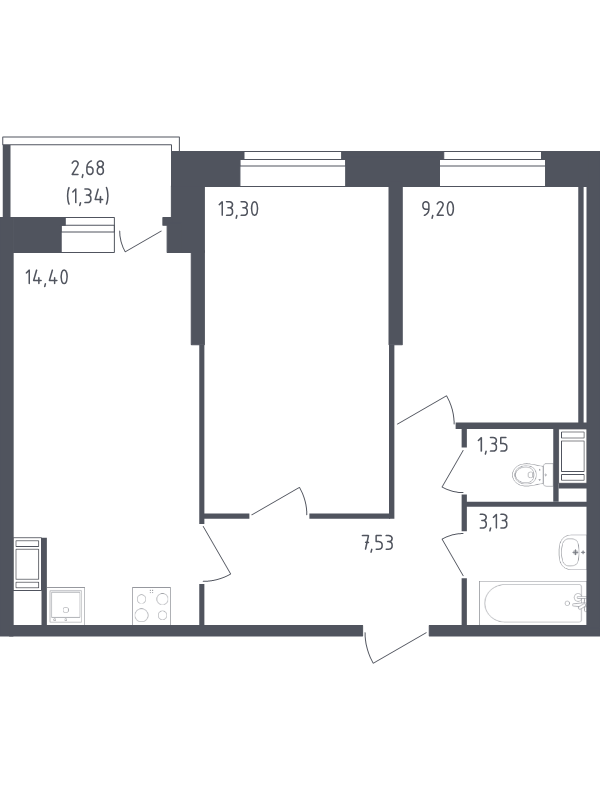 2-комнатная квартира, 50.25 м² - планировка, фото №1