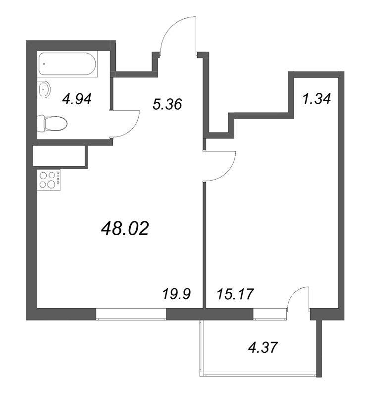 2-комнатная (Евро) квартира, 48.02 м² в ЖК "Talento" - планировка, фото №1