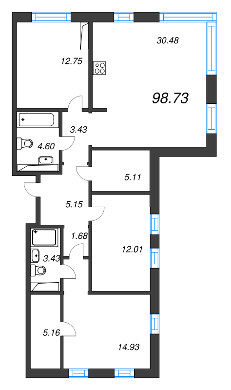 4-комнатная (Евро) квартира, 98.73 м² - планировка, фото №1