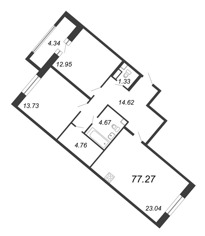 3-комнатная (Евро) квартира, 77.27 м² в ЖК "Modum" - планировка, фото №1