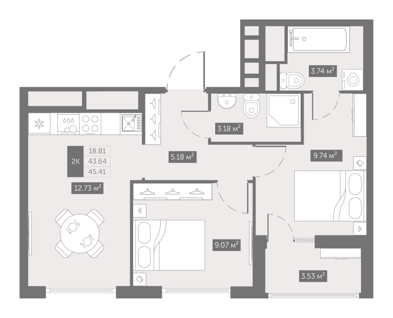 2-комнатная квартира, 45.41 м² в ЖК "UP-квартал Новый Московский" - планировка, фото №1