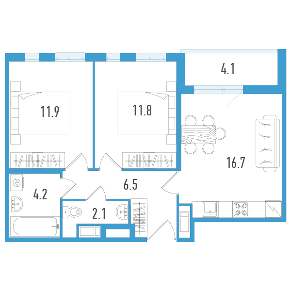 3-комнатная (Евро) квартира, 55.3 м² - планировка, фото №1