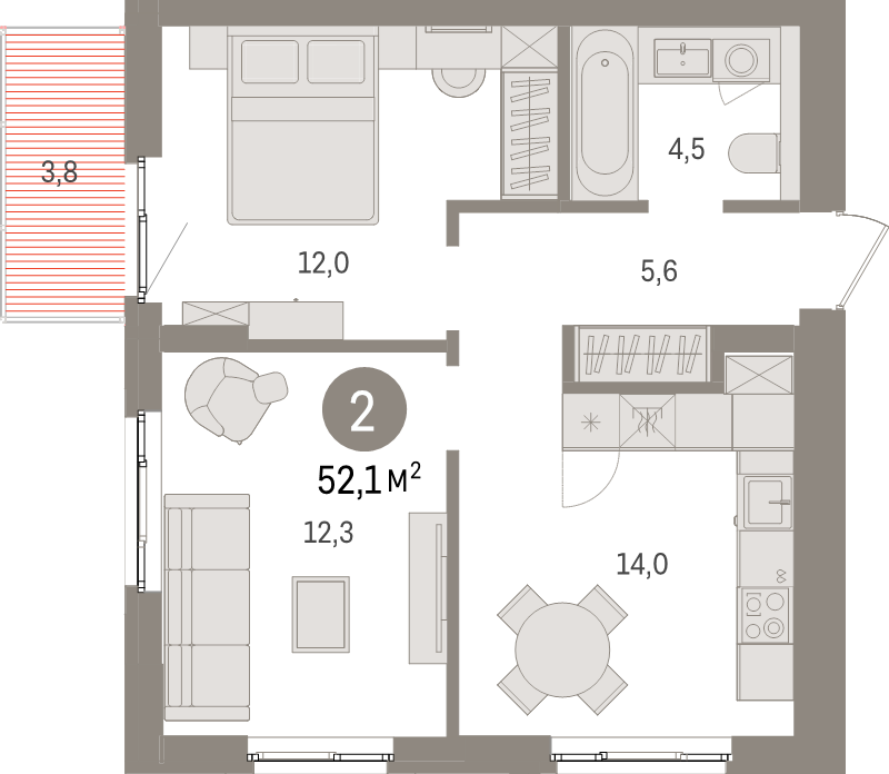 2-комнатная квартира, 52.1 м² в ЖК "Брусника в Новоселье" - планировка, фото №1